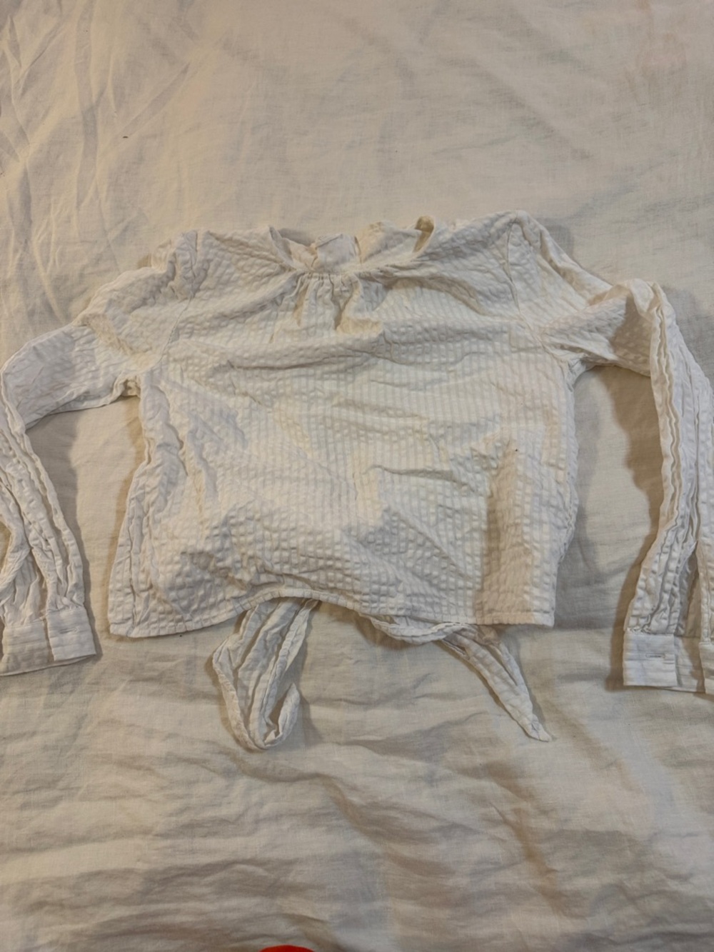 H&M, white long-sleeve seersucker top, ties in back, womens size 2